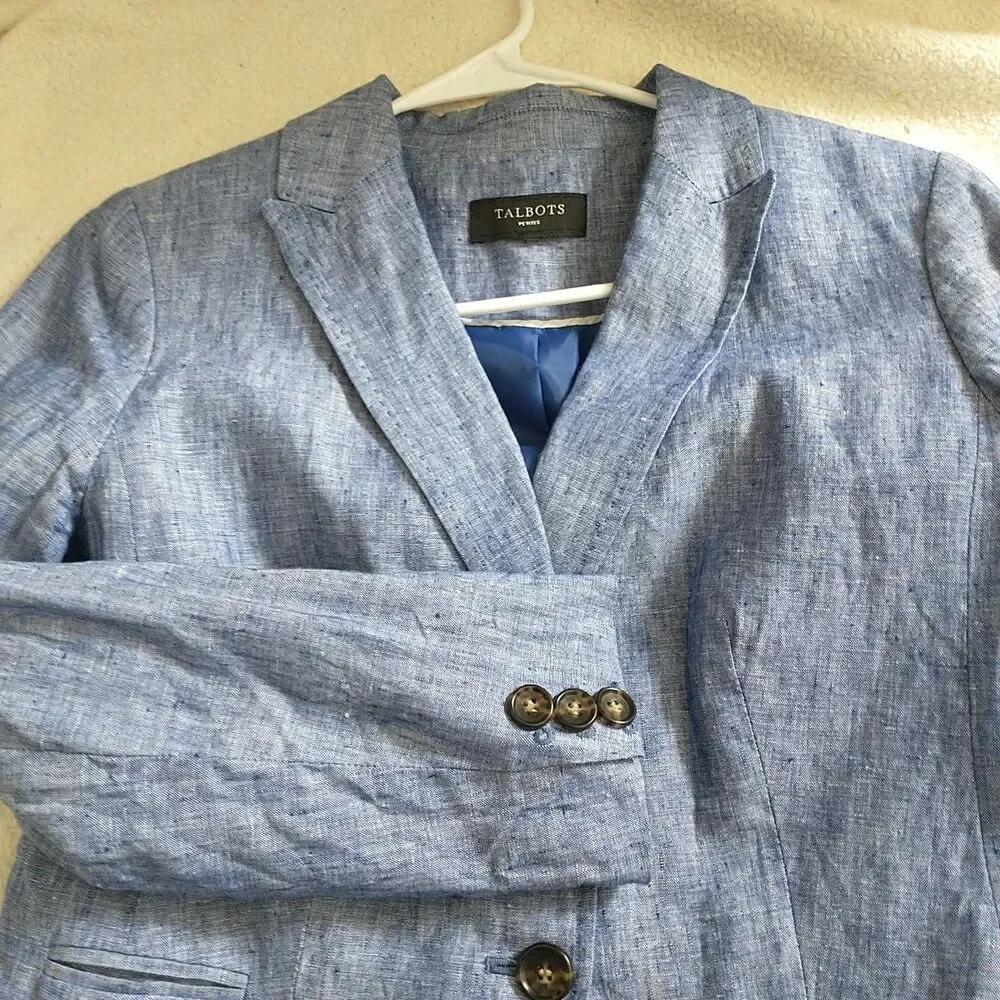 Talbots Blazer Jacket Womens MPetite Blue 100% Linen 2-Button Lined Coastal
